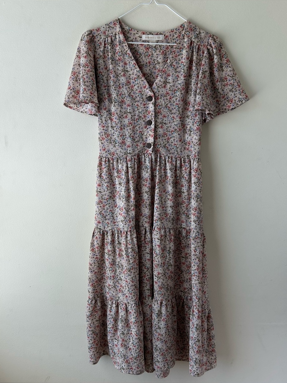 Monteau Modest Midi Dress N-Neck Short Sleeve Ditsy Floral Cottagecore Pink M